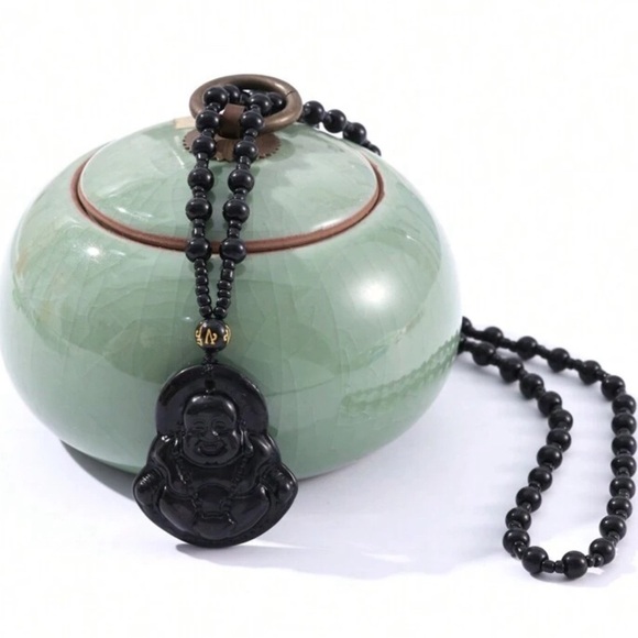 JADE obsidian Black  Hand Carved Maitreya Buddah Pendant Necklace - Picture 1 of 9